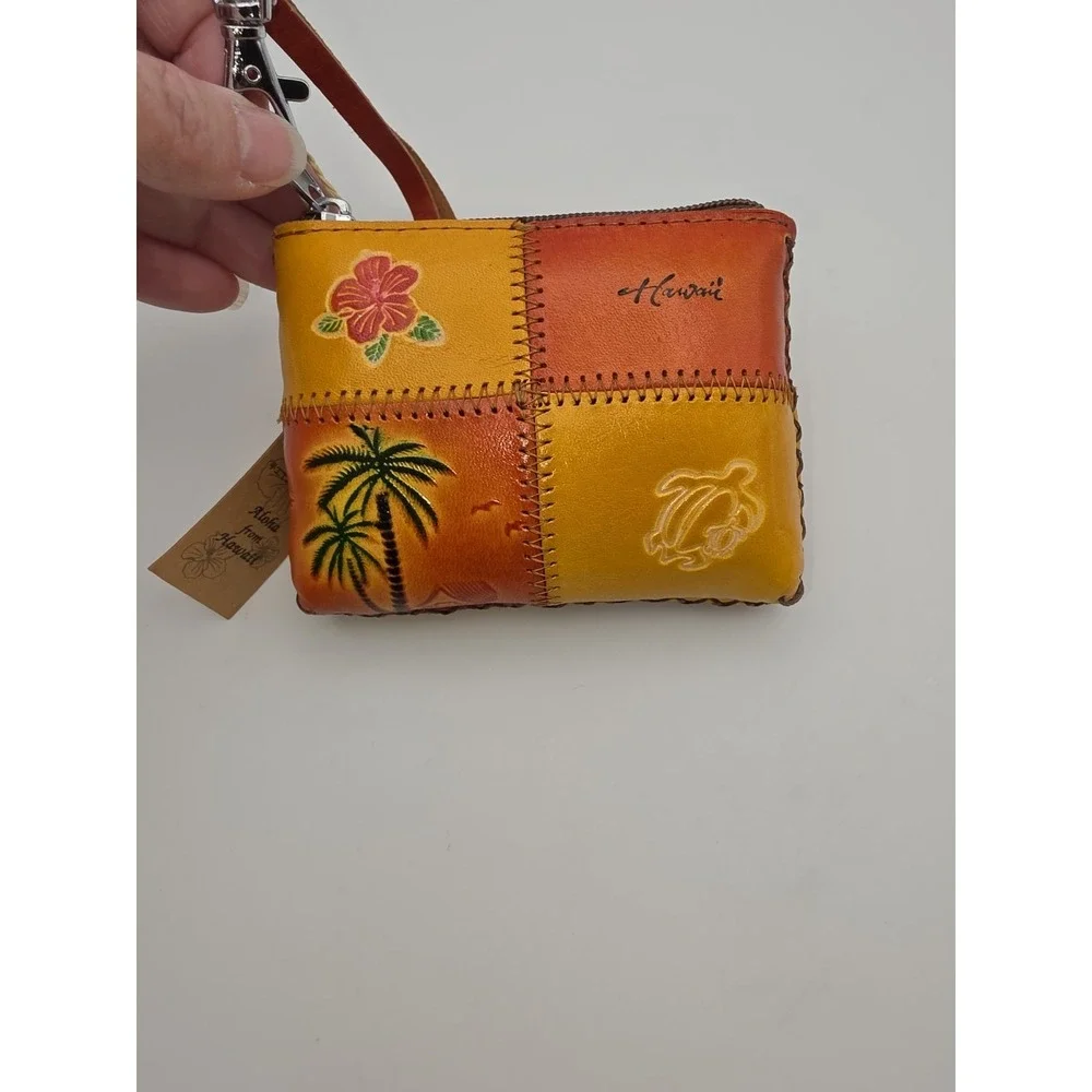 Hawaii Genuine Leather Patchwork Coin Purse Wallet w/Wrist Strap~Tropical Floral